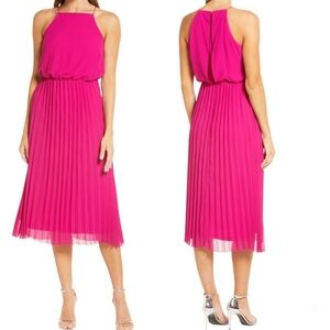 Sam Edelman Pink Halter Spaghetti Strap Pleated Midi Dress
